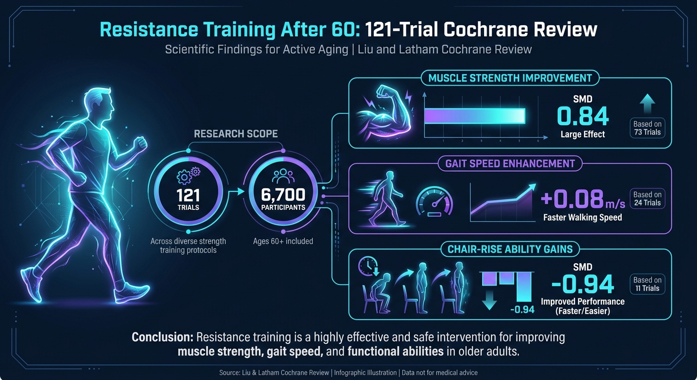 Cochrane review findings showing resistance training produces large strength gains (SMD 0.84), improved gait speed, and better chair-rise ability across 121 trials and 6,700 older adults