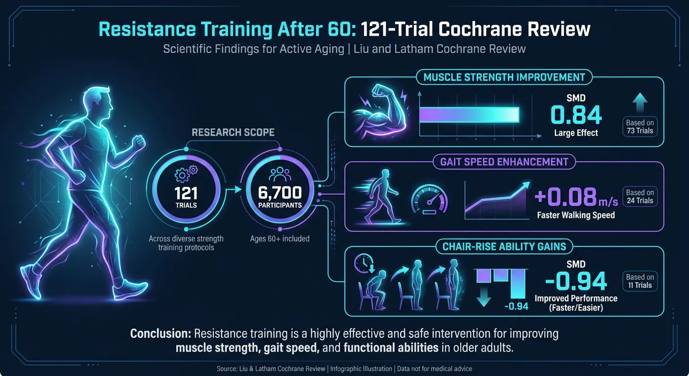 Résultats de la revue Cochrane montrant que la musculation produit de grands gains de force (DME 0,84), une vitesse de marche améliorée et une meilleure capacité à se lever d'une chaise sur 121 essais et 6 700 adultes plus âgés