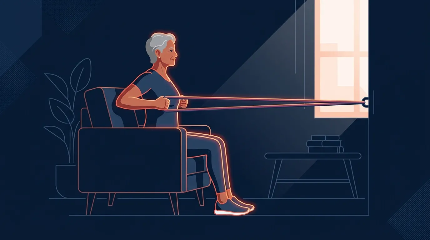 Conceptual illustration of an older adult performing progressive band and bodyweight resistance training at home over six months as practical translation of the AGUEDA trial protocol