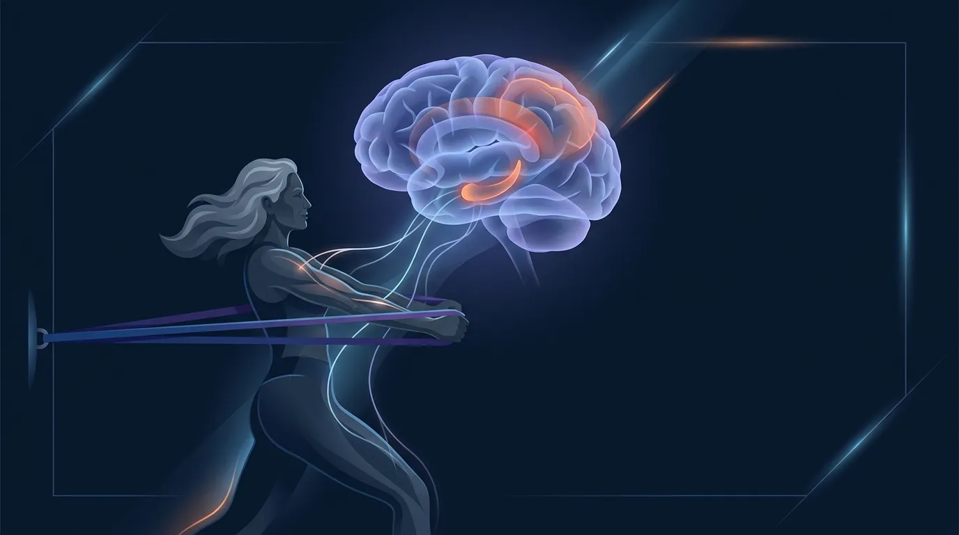 Conceptual illustration showing how 24 weeks of resistance training reshapes Alzheimer's-pattern brain imaging in older adults, with stronger effects in amyloid-positive participants