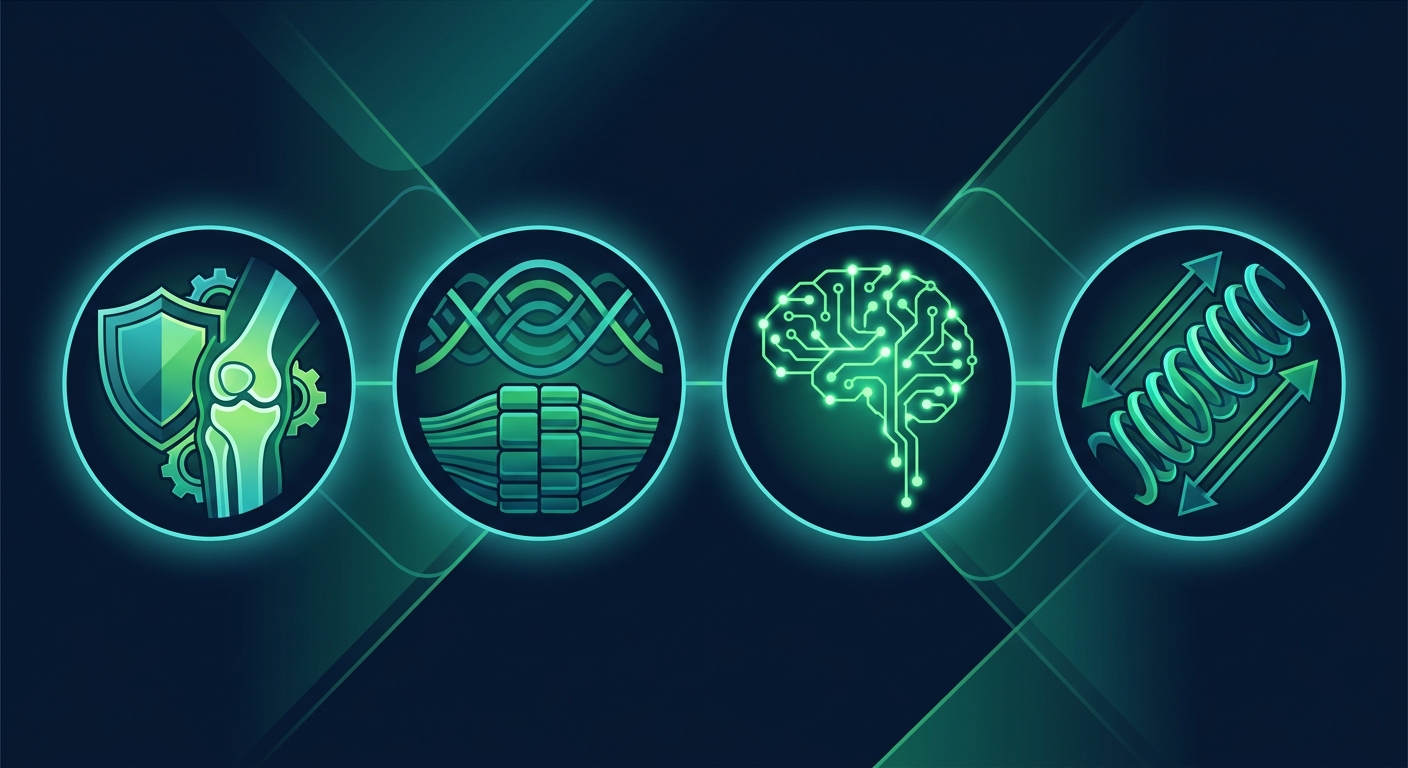 Diagram showing four injury prevention mechanisms of strength training: stronger tendons and ligaments, neuromuscular control, muscle imbalance correction, and fatigue resistance