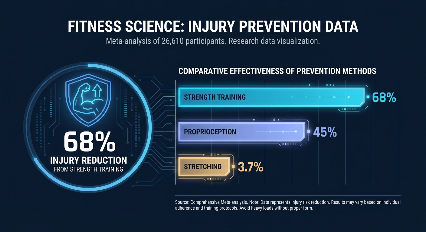 Bar chart showing strength training reduces sports injuries by 68 percent compared to proprioception at 45 percent and stretching at only 3.7 percent across 26610 participants