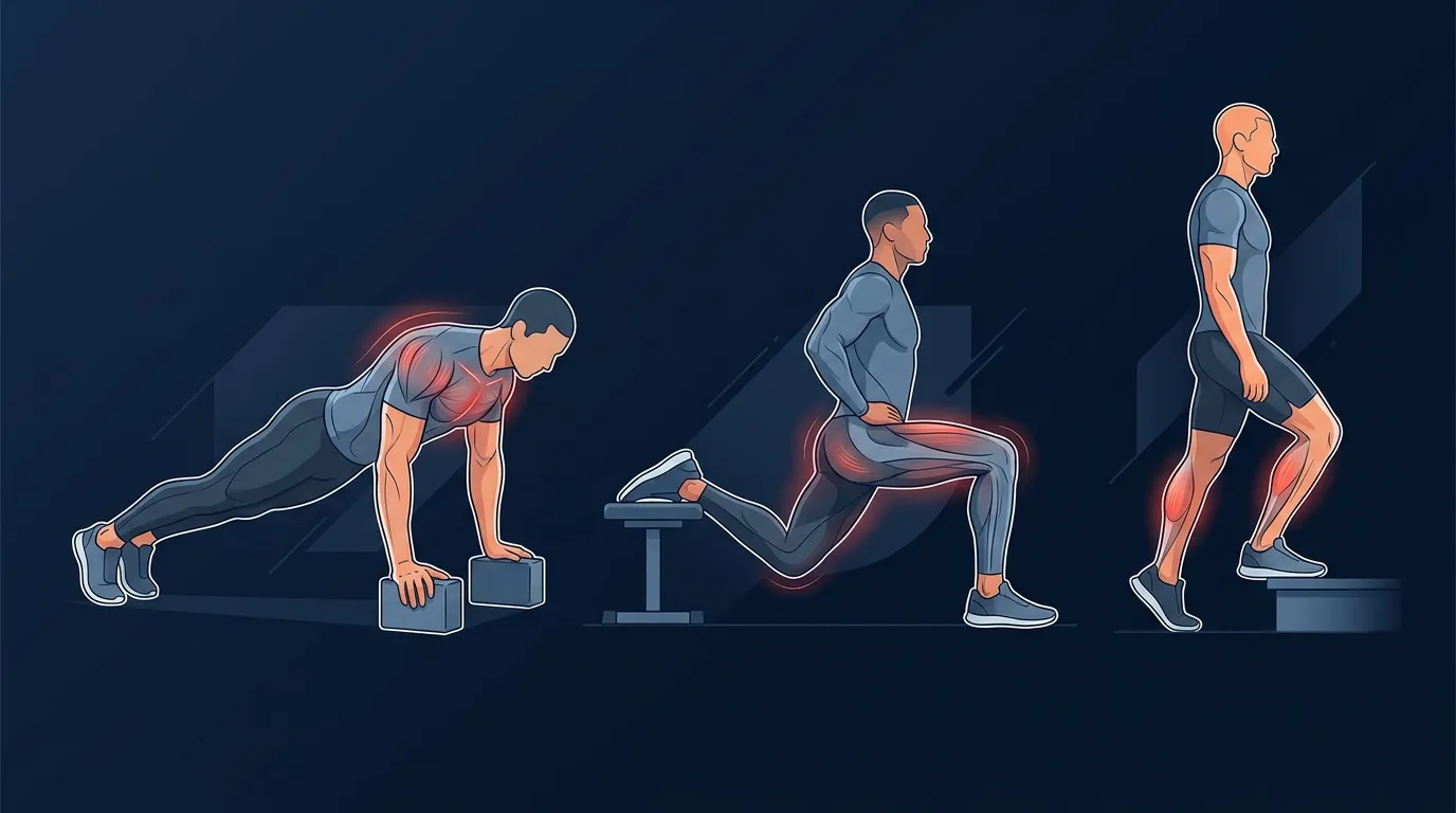 Illustration d'exercices au poids du corps effectués aux longueurs musculaires élevées, incluant les pompes en déficit, les fentes bulgares et les élévations de mollets profondes sur une marche