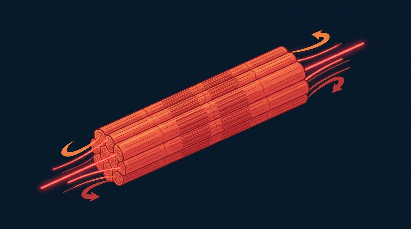 Schéma montrant la tension mécanique accrue sur les fibres musculaires en position allongée, déclenchant la signalisation hypertrophique