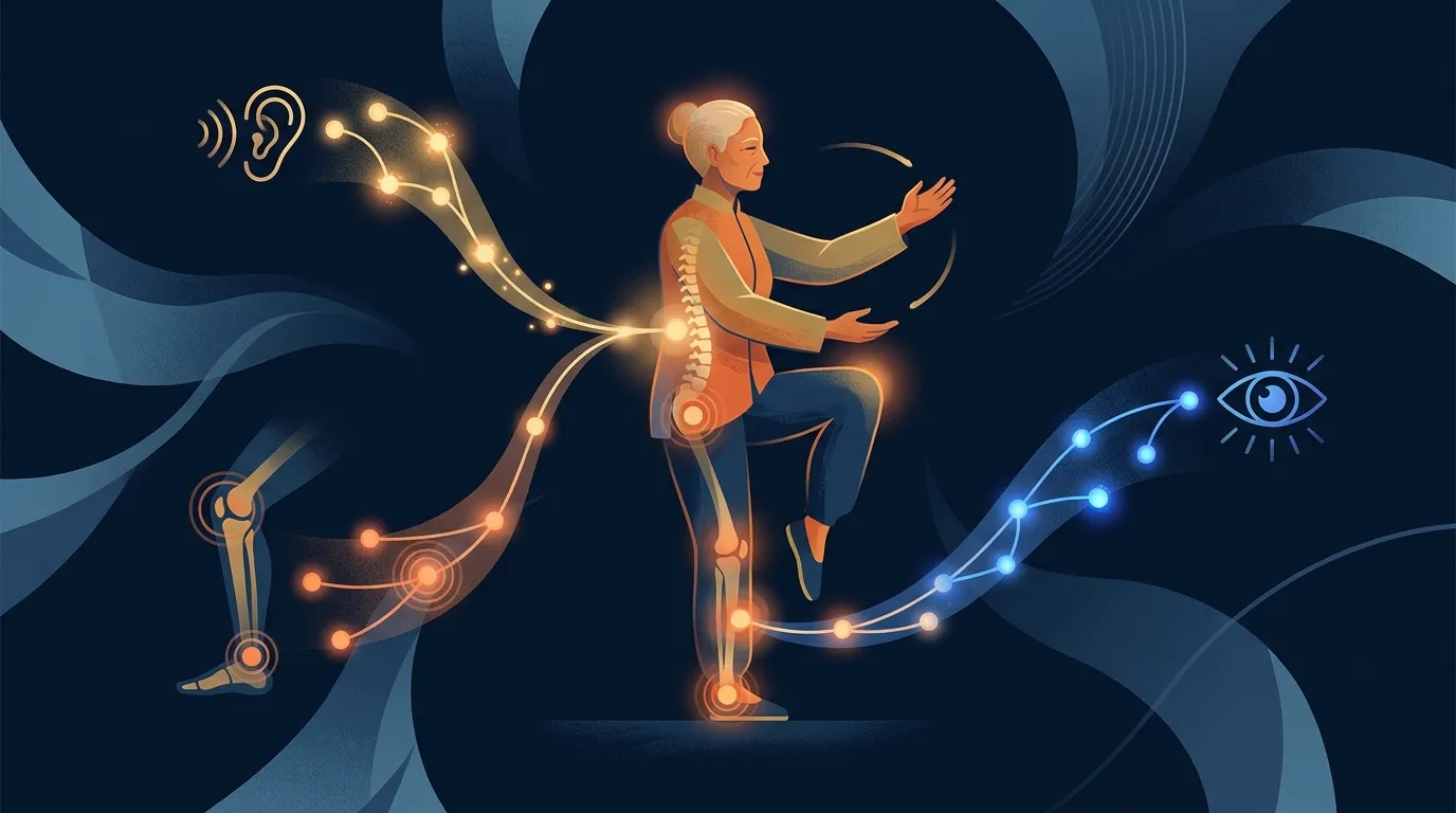 Illustrated diagram showing vestibular proprioception and visual system inputs converging on the postural muscles of an older adult performing a slow single leg tai chi position on a dark navy background