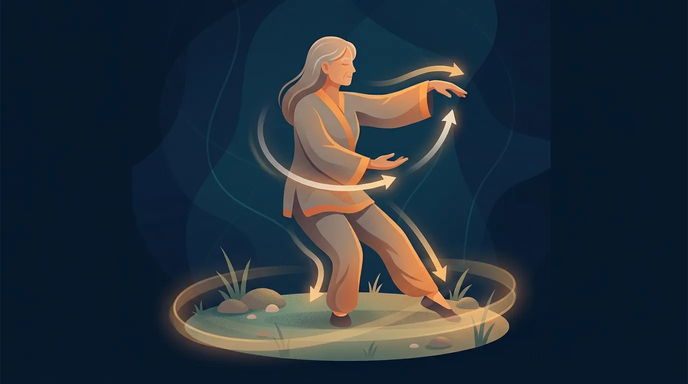 Illustrated figure of an older adult in a slow tai chi weight-shift stance on a dark navy background with arrows showing gradual postural adjustments