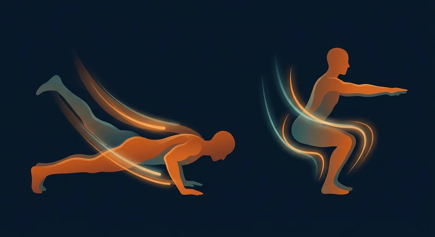 Ilustración de cómo aplicar los principios del entrenamiento excéntrico mostrando la fase de bajada lenta y controlada de ejercicios con peso corporal como flexiones y sentadillas