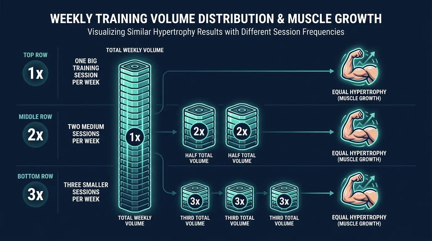 Editorial illustration showing weekly volume divided across one, two, or three training sessions with similar total stimulus