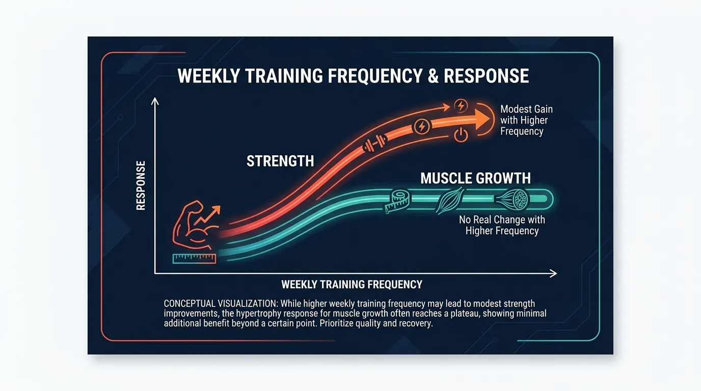 Editorial illustration contrasting the small strength benefit of higher training frequency with the flat hypertrophy response when volume is equated