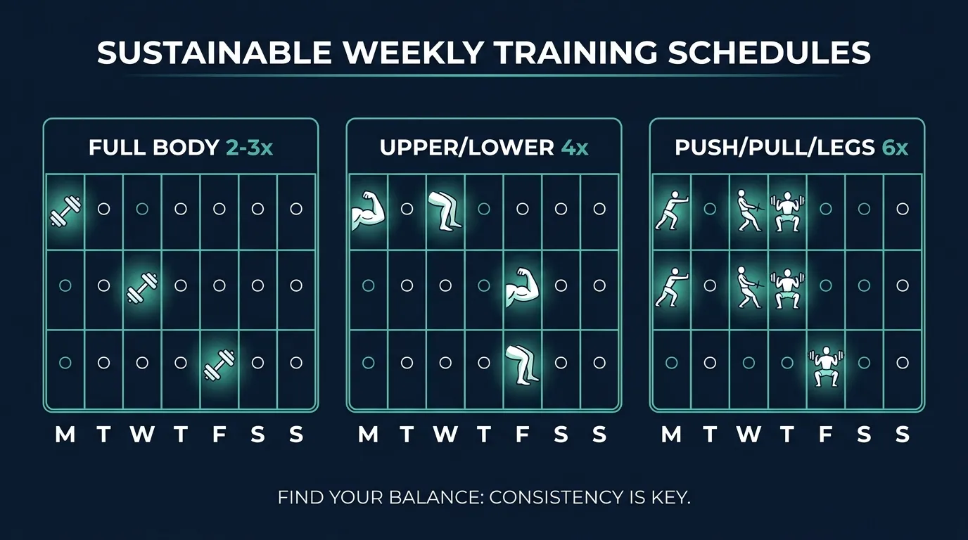 Editorial illustration of a weekly training calendar showing full-body twice-weekly, upper-lower four-day, and push-pull-legs six-day options