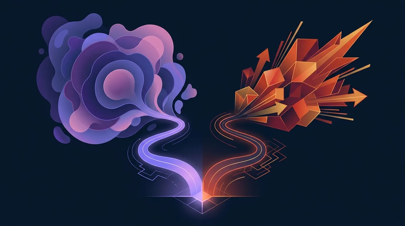 Konzeptionelle Illustration, die zwei divergierende Wege für Kraft und Muskelmasse zeigt und unterschiedliche Anstrengungsvorgaben für jedes Ziel nahelegt