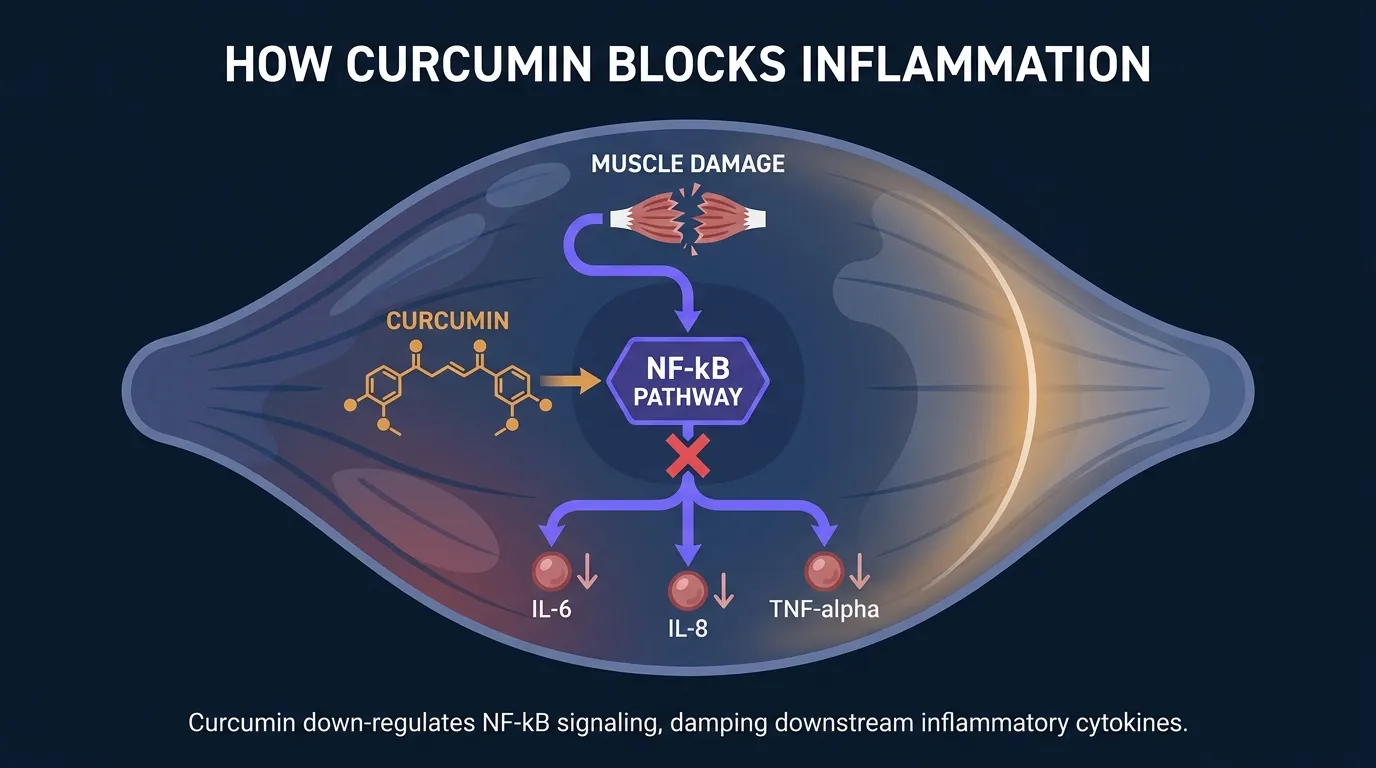 Illustration conceptuelle montrant la curcumine bloquant la voie de signalisation inflammatoire NF-kB et réduisant les cytokines en aval IL-6 et TNF-alpha dans un muscle endommagé