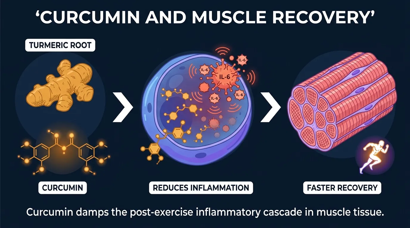 Illustration conceptuelle de molécules de curcumine issues de la racine de curcuma réduisant l'inflammation dans un tissu musculaire squelettique endommagé