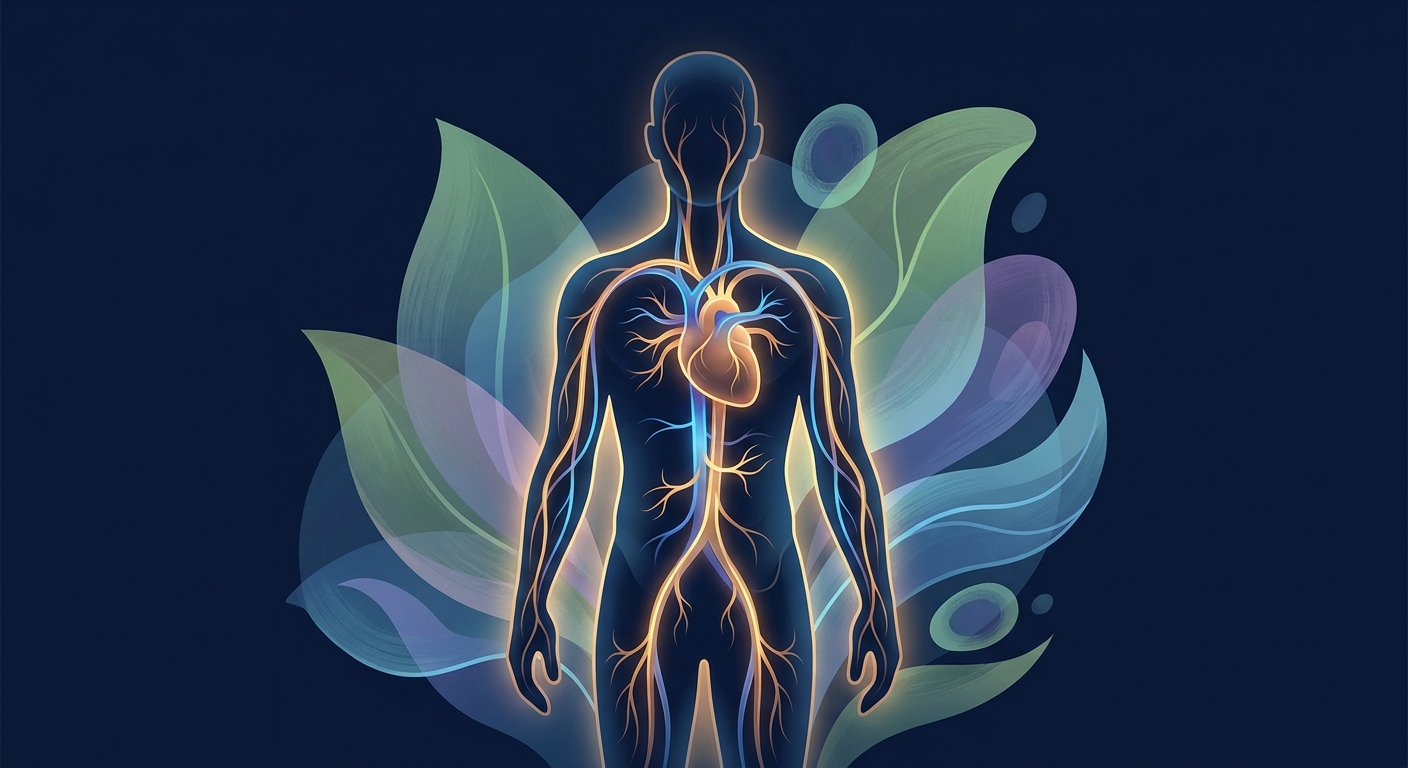 Conceptual illustration of cardiorespiratory fitness and longevity showing a human silhouette with glowing cardiovascular system representing heart and lung health