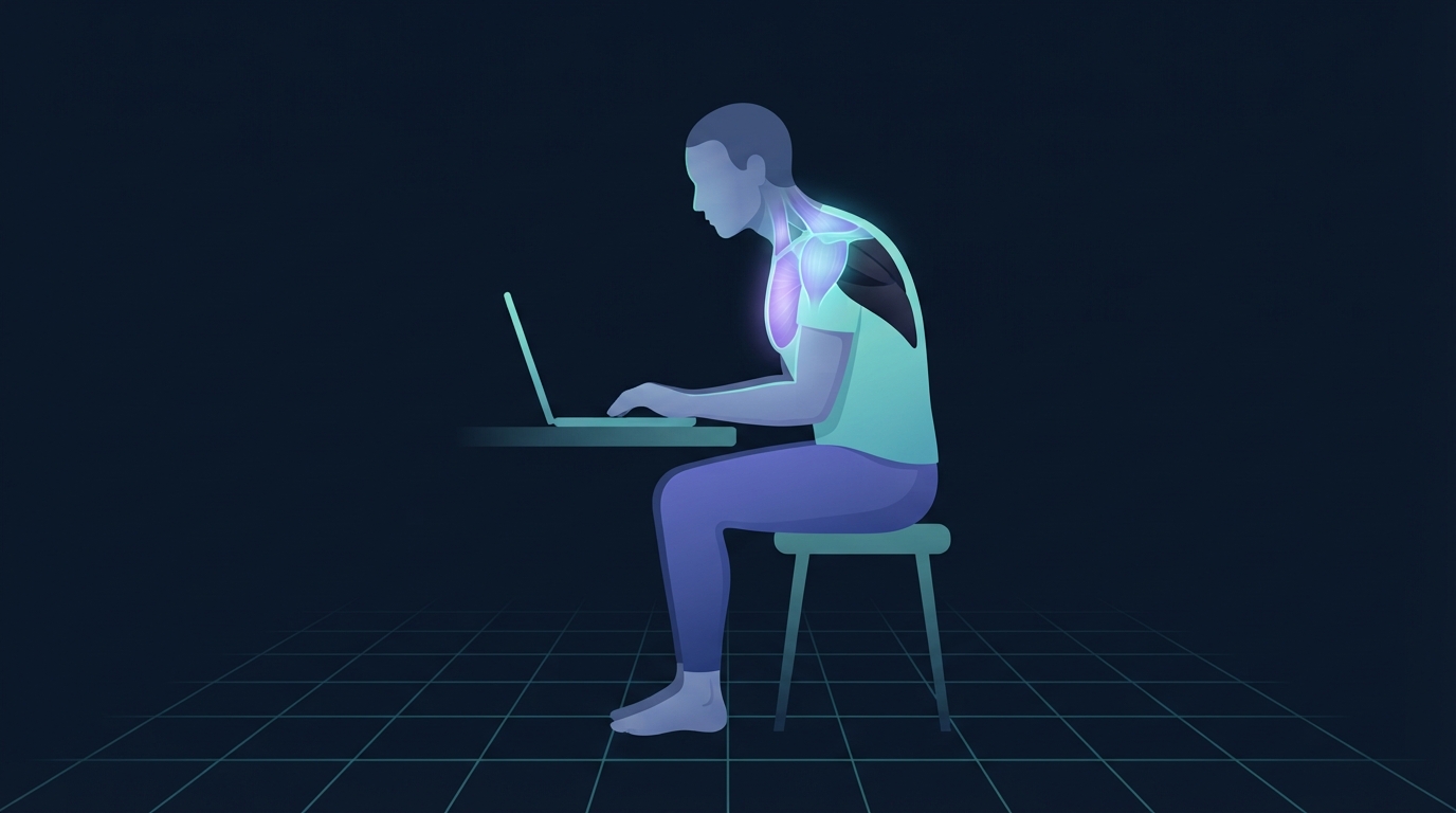 Seitenansicht-Illustration eines sitzenden Büroarbeiters mit dem Kopf vor den Schultern, Brust und oberer Trapezmuskel leuchtend, während die Muskeln zwischen den Schulterblättern dunkel bleiben