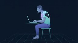 Seitenansicht-Illustration eines sitzenden Büroarbeiters mit dem Kopf vor den Schultern, Brust und oberer Trapezmuskel leuchtend, während die Muskeln zwischen den Schulterblättern dunkel bleiben