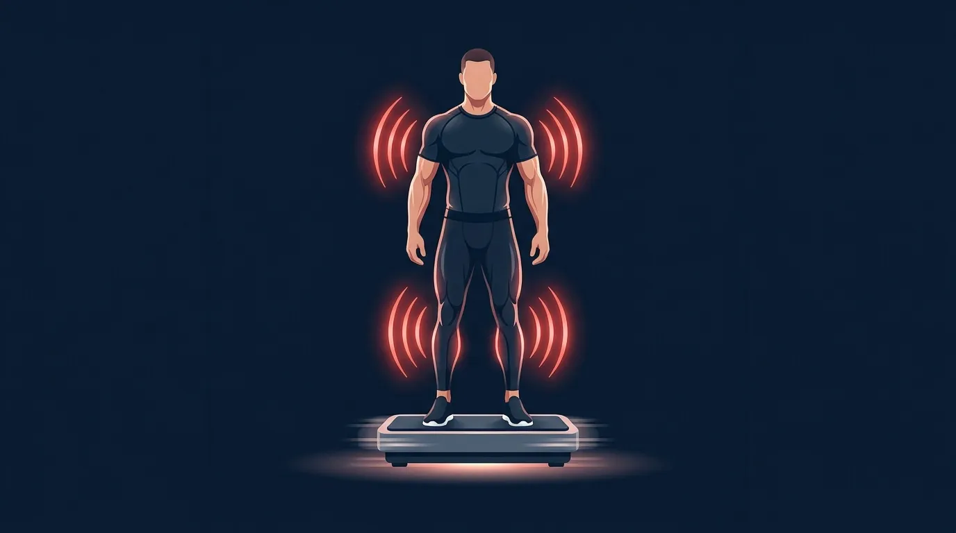 Ilustração de uma pessoa em pé sobre uma plataforma vibratória oscilante com arcos reflexos mostrados no tornozelo e no joelho, representando o mecanismo de ativação muscular involuntária do treinamento com vibração de corpo inteiro