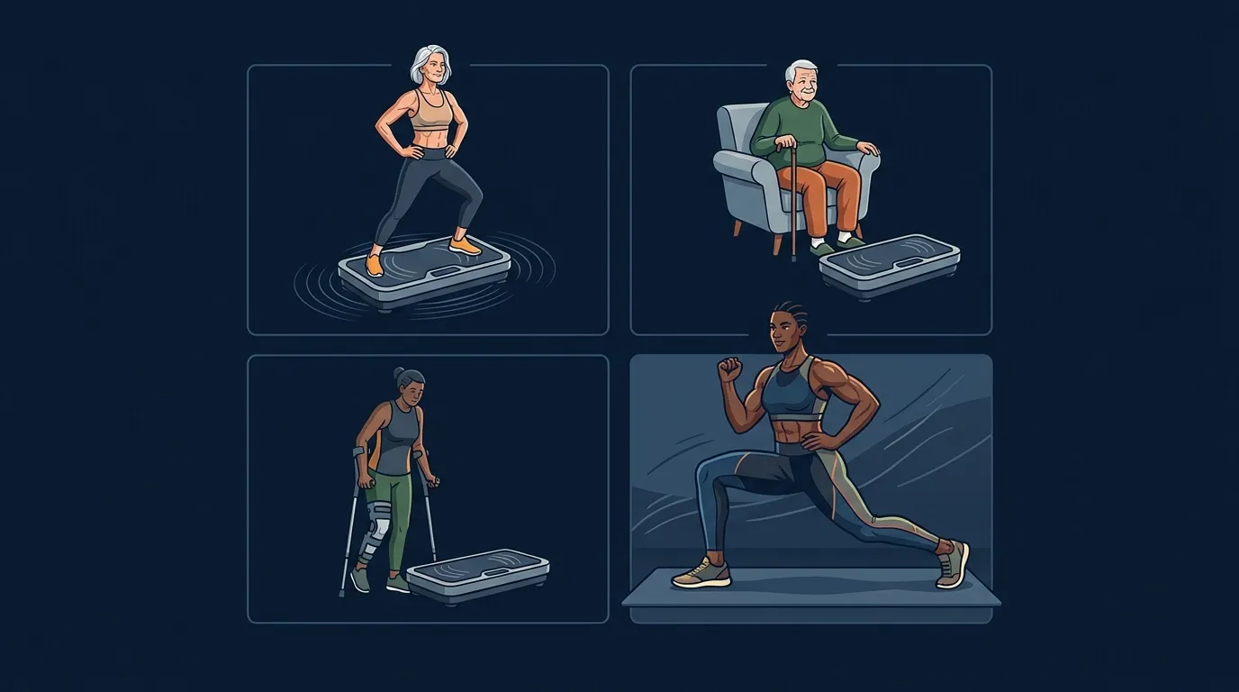 Ilustração conceitual mostrando três usos específicos para a vibração de corpo inteiro: osteoporose pós-menopausa, idosos muito avançados com mobilidade reduzida e pessoas severamente descondicionadas, com um quarto painel mostrando o exercício como padrão para todos os demais