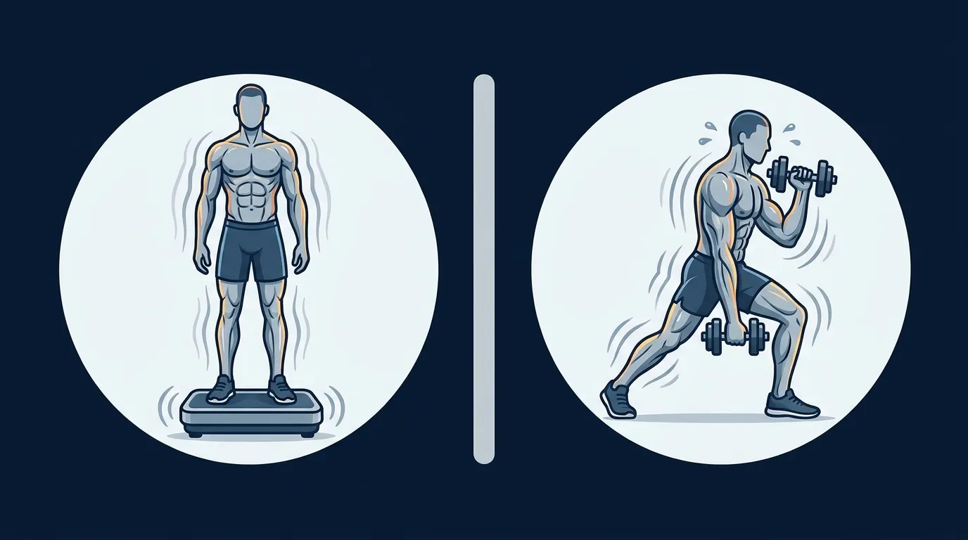 Ilustração conceitual comparando três barras de tamanho de efeito mostrando vibração de corpo inteiro versus controles sedentários em azul e vibração de corpo inteiro versus controles de exercício em cinza, ilustrando que a vibração só iguala o exercício no desempenho de salto