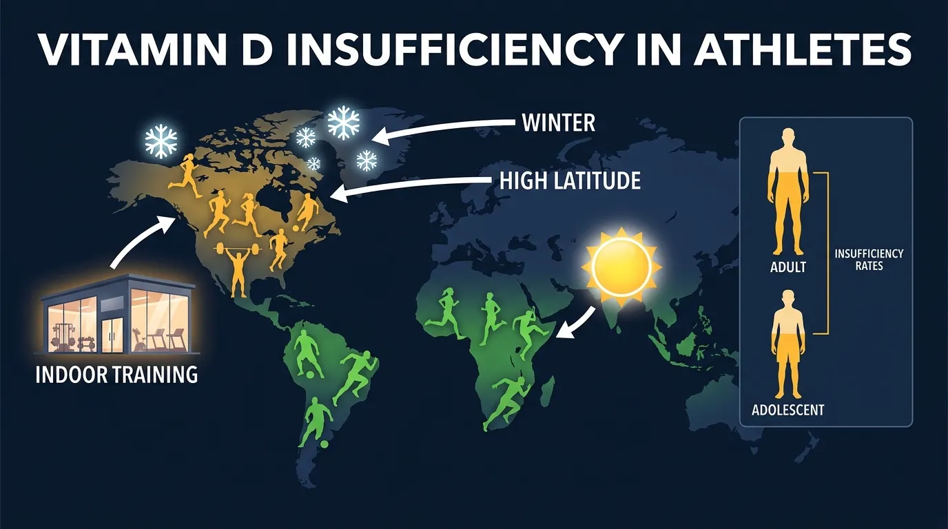 Concept illustration showing higher vitamin D insufficiency rates in adolescent athletes than adult athletes and elevated risk in winter at higher latitudes and indoor sports