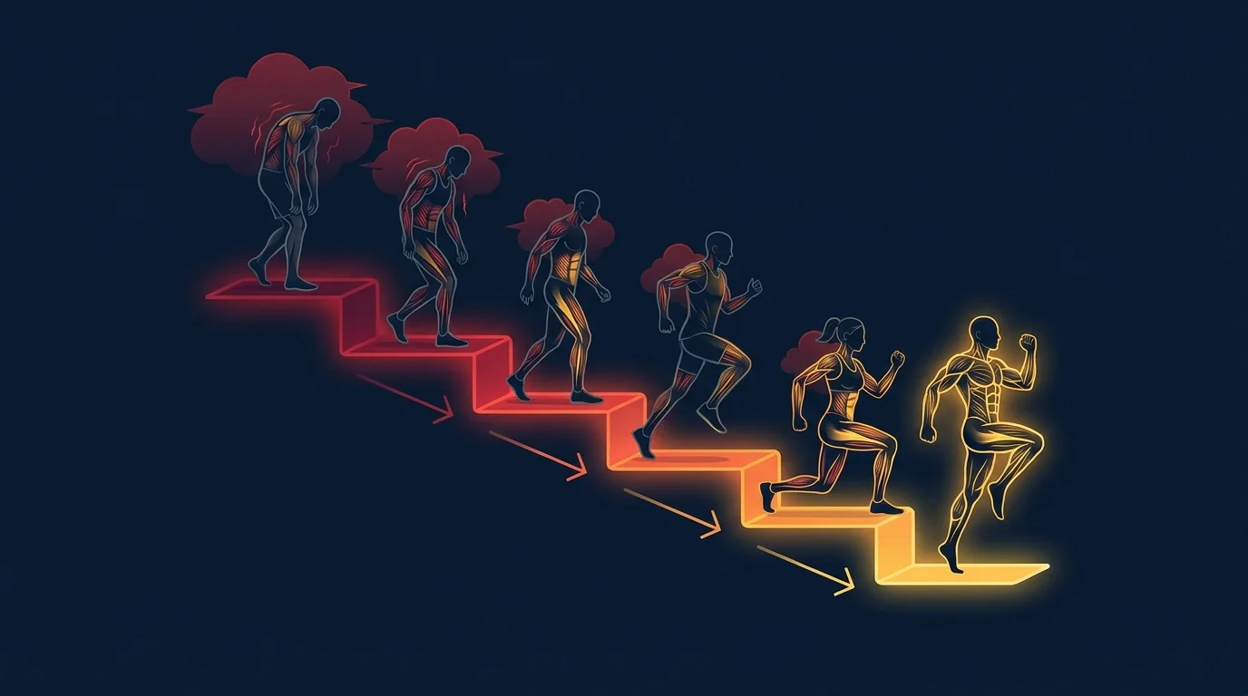 Editorial illustration of a descending staircase of figures moving from low fitness toward high fitness, with each step representing a drop in mortality risk