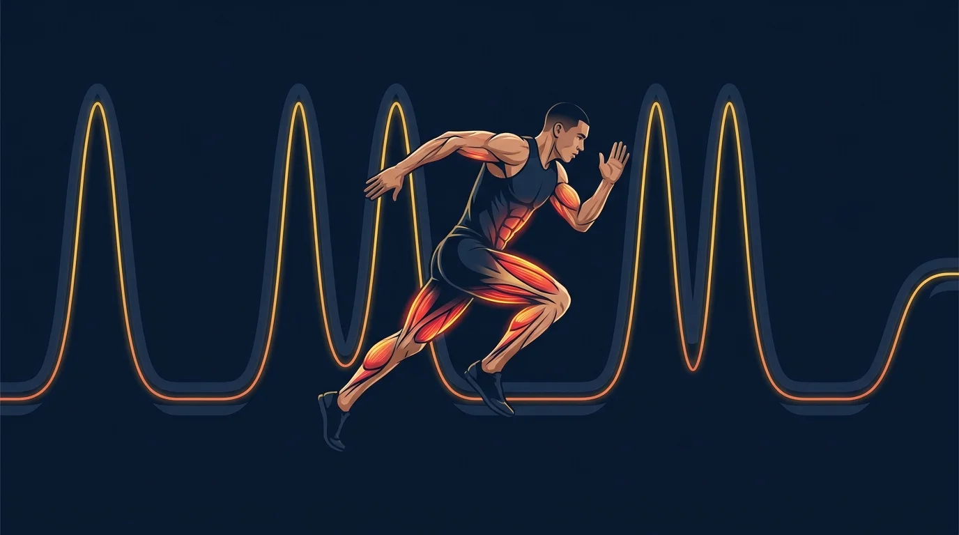 Editorial illustration of a figure performing interval training, alternating hard effort and recovery, set against a dark navy background