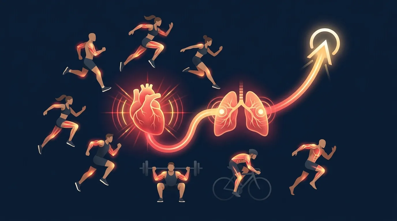 Editorial illustration of human heart and lungs connected to a rising arc representing the link between cardiorespiratory fitness and a longer lifespan