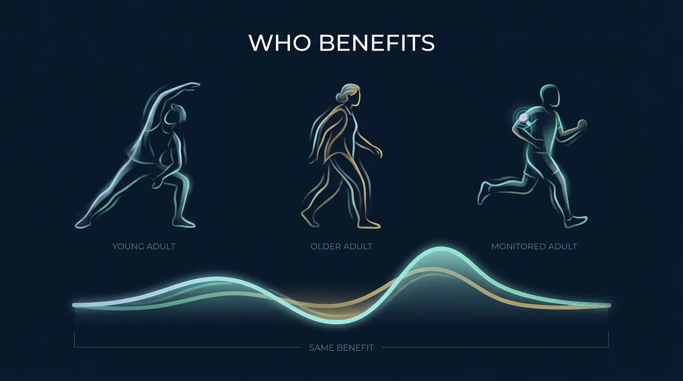 Editorial illustration of three groups of figures representing healthy adults, older adults with prediabetes, and adults with type 2 diabetes, all connected by a flattened glucose curve