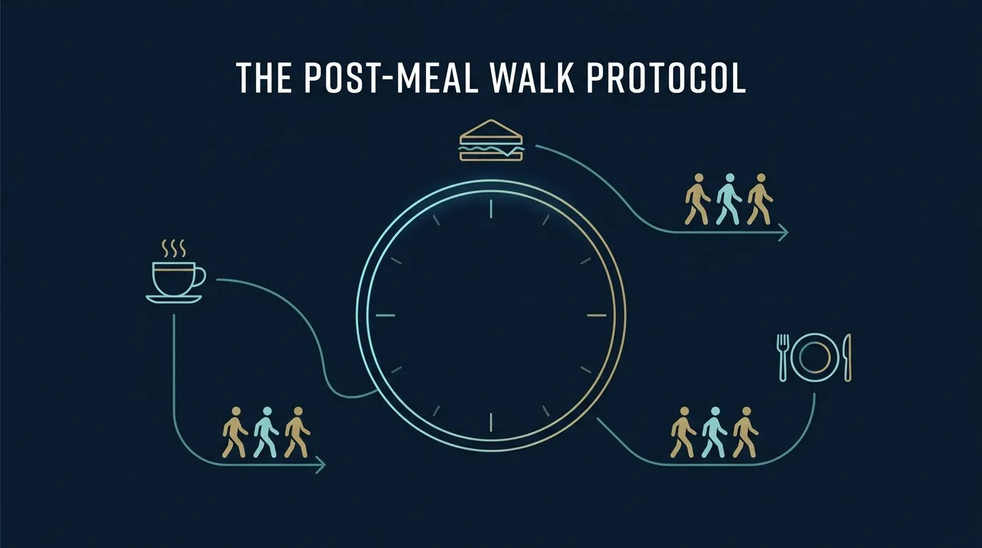 Editorial illustration of a clock with three meal icons each followed by a small walking figure, showing the post-meal walking schedule across breakfast, lunch, and dinner