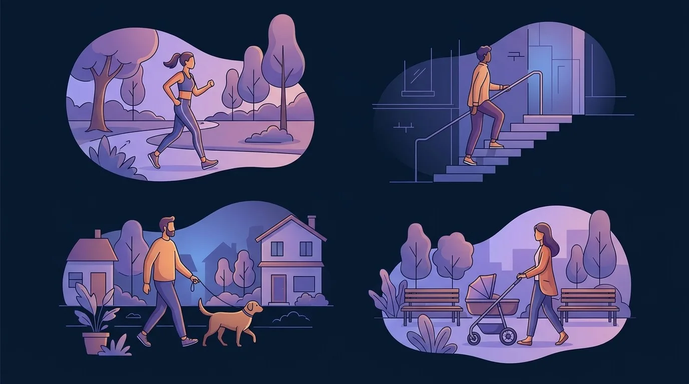 Illustrated guide showing practical ways to incorporate more daily steps through walking errands short breaks and active commuting