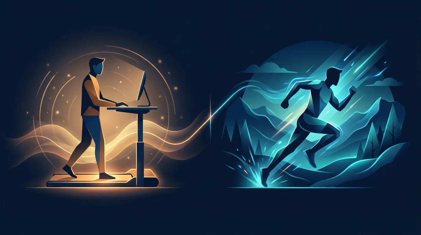 Abstract conceptual illustration of a walking pad as part of a daily movement strategy with structured workout sessions complementing low-intensity walking during work hours