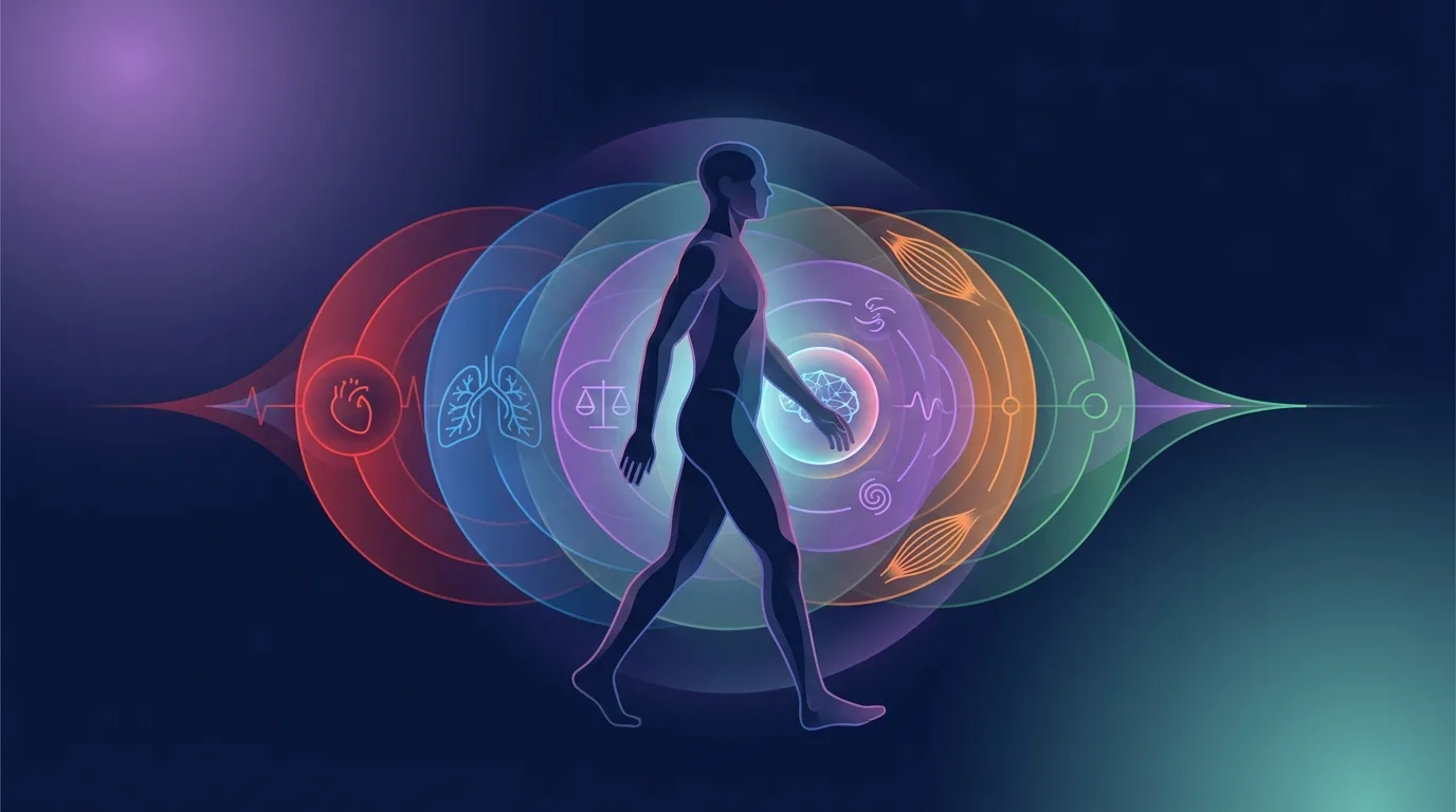 Illustration conceptuelle montrant la vitesse de marche comme une fenêtre sur de multiples systèmes de santé incluant la condition cardiovasculaire, la force des jambes, l'équilibre et la fonction neurologique
