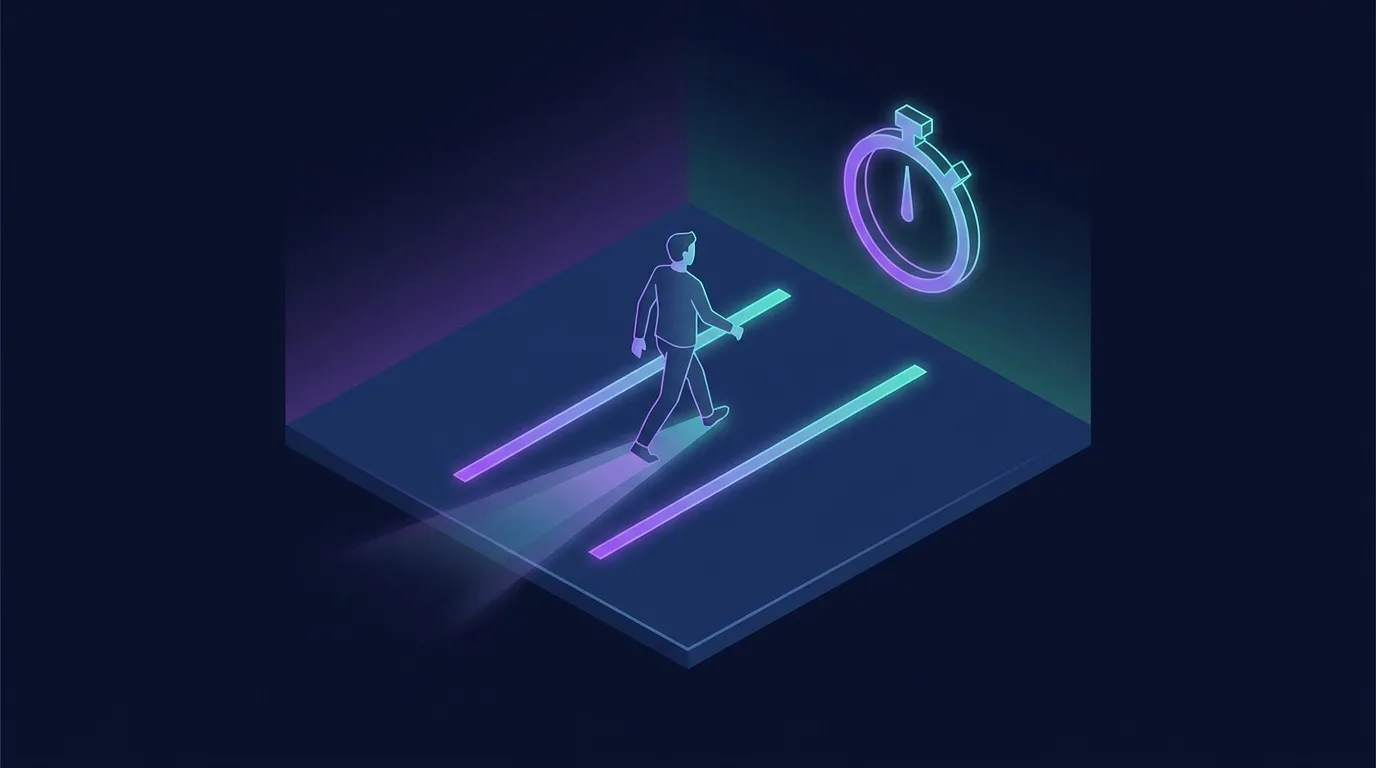 Illustration du protocole du test de marche de 4 mètres utilisé dans la recherche clinique pour mesurer la vitesse de marche montrant une distance marquée et le chronométrage sur la partie centrale de la marche