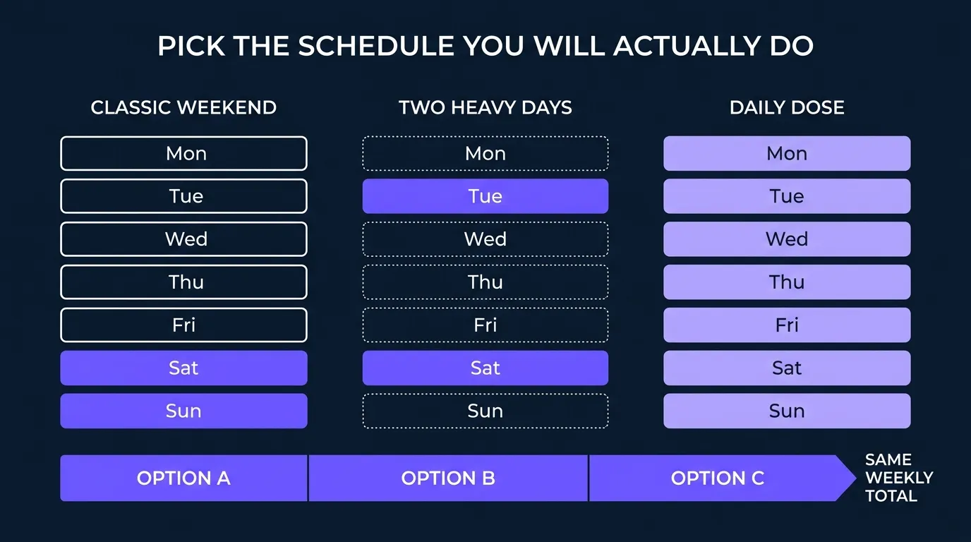 Conceptual illustration of weekly exercise schedule options ranging from spread across all days to concentrated in two weekend sessions all hitting the same total volume