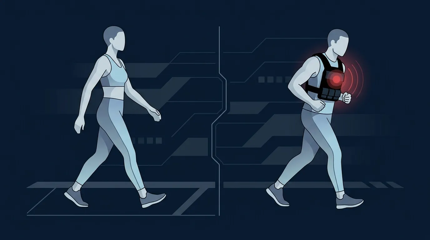 Ilustración que compara a una persona caminando sin chaleco y con un chaleco lastrado, con indicadores visuales que muestran un consumo de oxígeno y frecuencia cardíaca moderadamente mayores para el caminante con carga