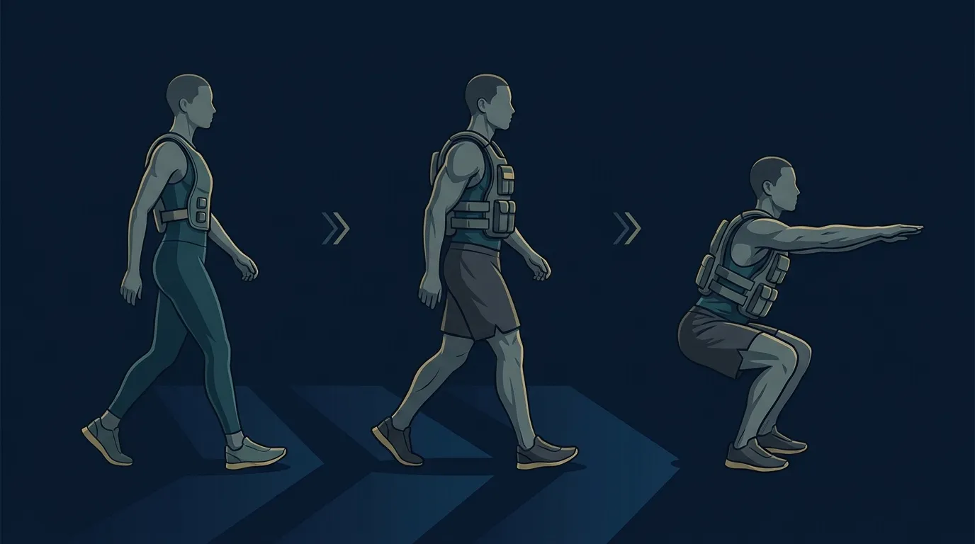 Ilustración que muestra una progresión simple de chaleco lastrado a lo largo de semanas, desde carga ligera en caminata corta hasta carga moderada con entrenamiento de fuerza con peso corporal