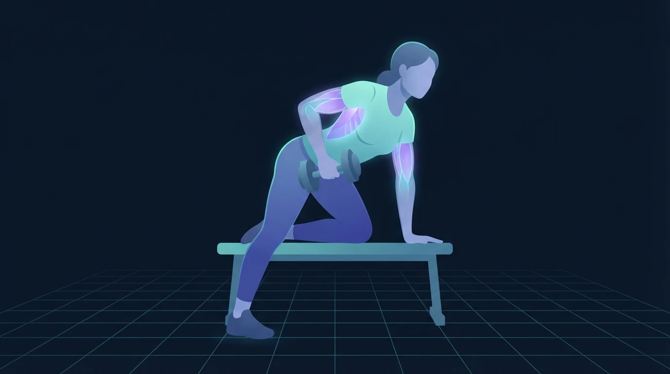 Illustration eines Erwachsenen bei einem einarmigen Kurzhantelrudern mit leuchtendem oberen Rücken, Latissimus und Bizeps, um das Krafttraining zu zeigen, das die fettfreie Masse während eines Defizits schützt