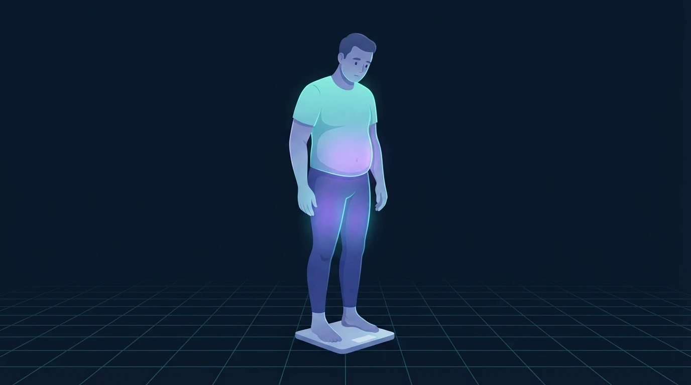 Illustration eines Erwachsenen, der nach unten schauend auf einer leeren Badezimmerwaage steht, mit leuchtendem Bauch und Oberschenkeln, um zu zeigen, dass gespeicherte Energie langsam abgeht statt geradlinig