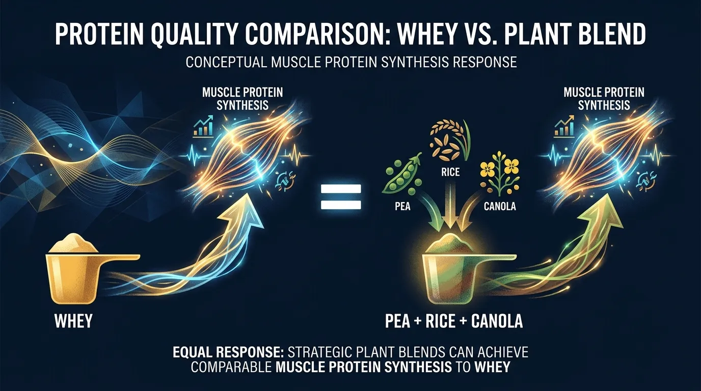 Conceptual illustration comparing a whey scoop against a plant protein blend of pea rice and canola showing equivalent muscle protein synthesis outcomes