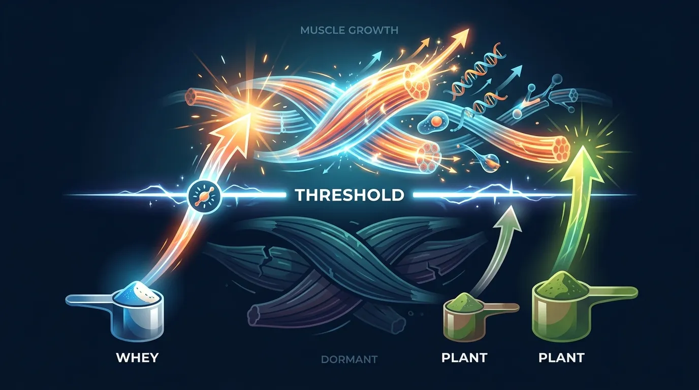 Conceptual illustration showing the leucine threshold that triggers muscle protein synthesis, with whey protein clearing the threshold sooner than single-source plant protein at the same gram dose