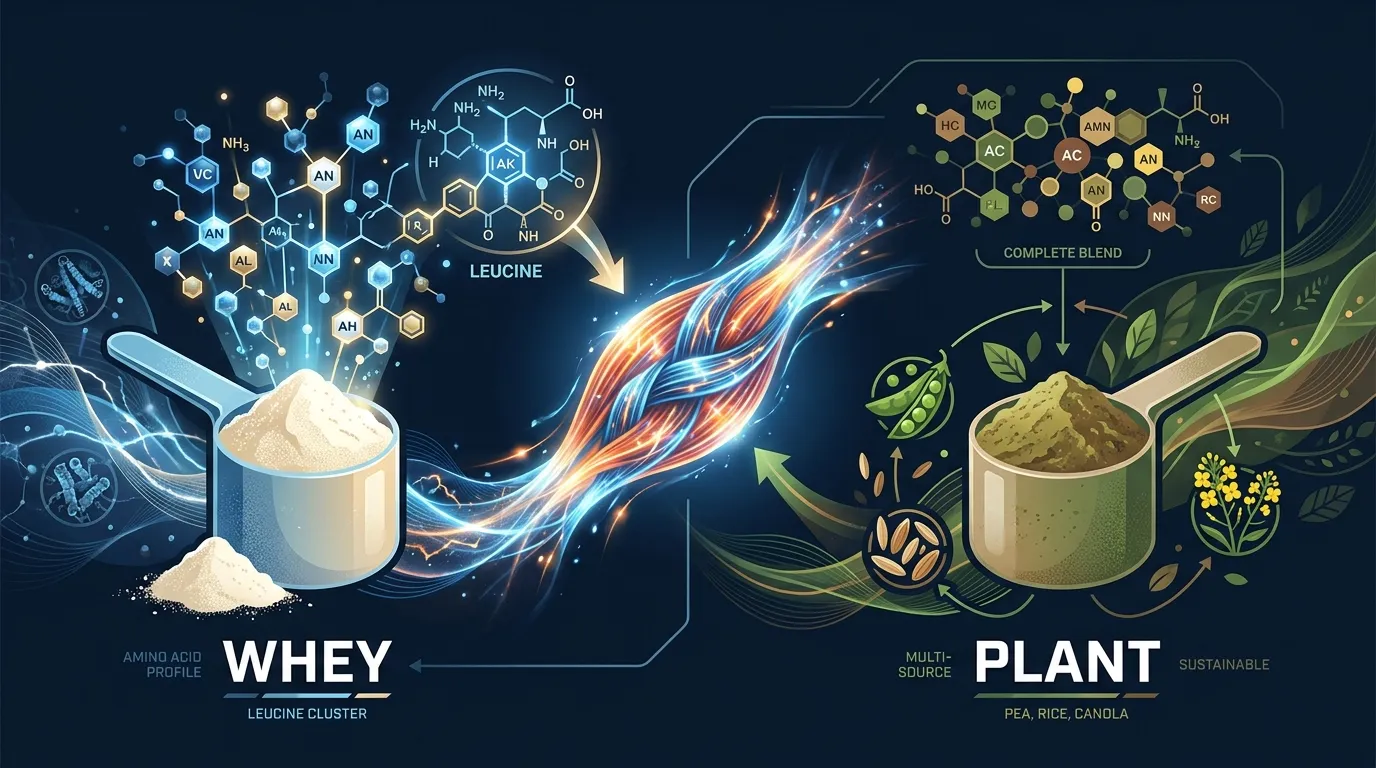 Conceptual illustration comparing whey protein and plant protein sources with leucine molecules driving muscle protein synthesis