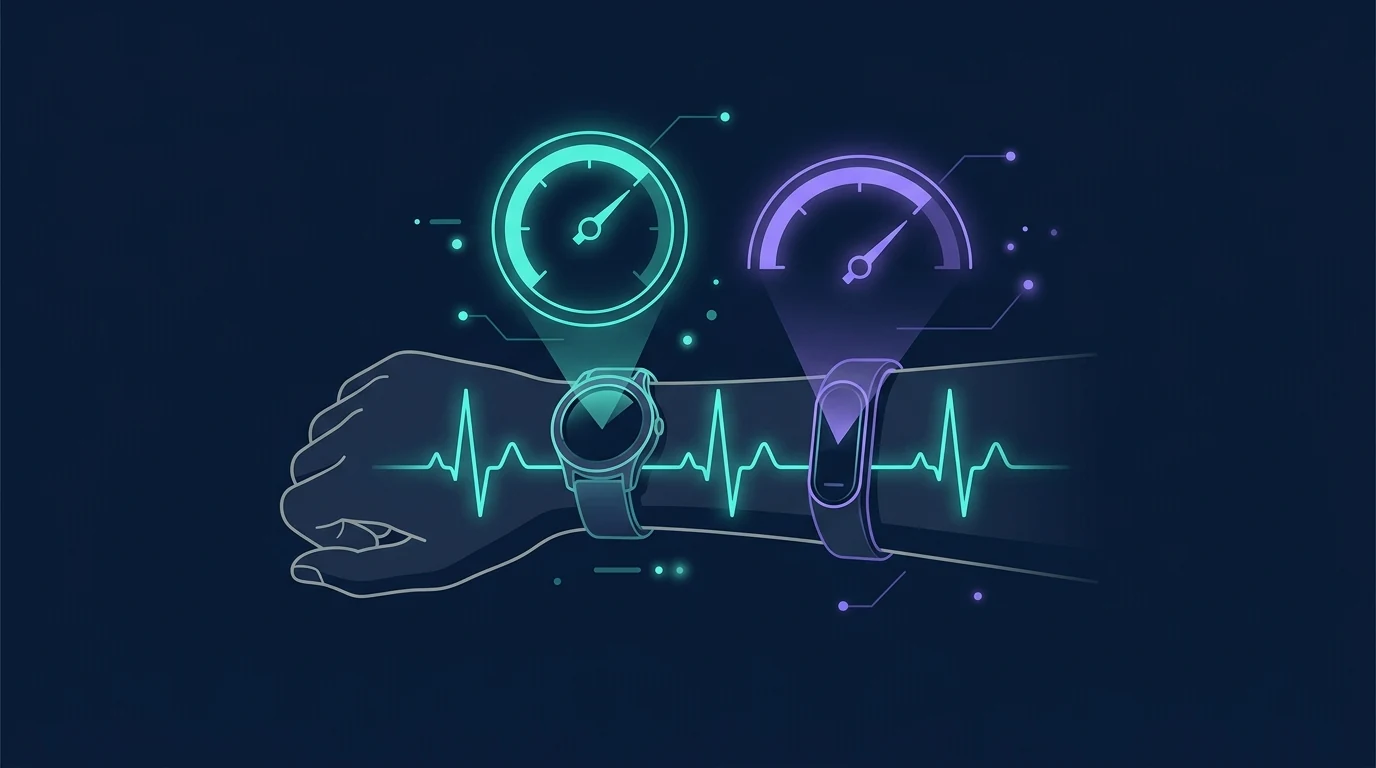 Conceptual illustration of two different wearable devices on the same wrist producing two different recovery percentages from the same underlying heart rate and HRV signal, showing how proprietary algorithms diverge