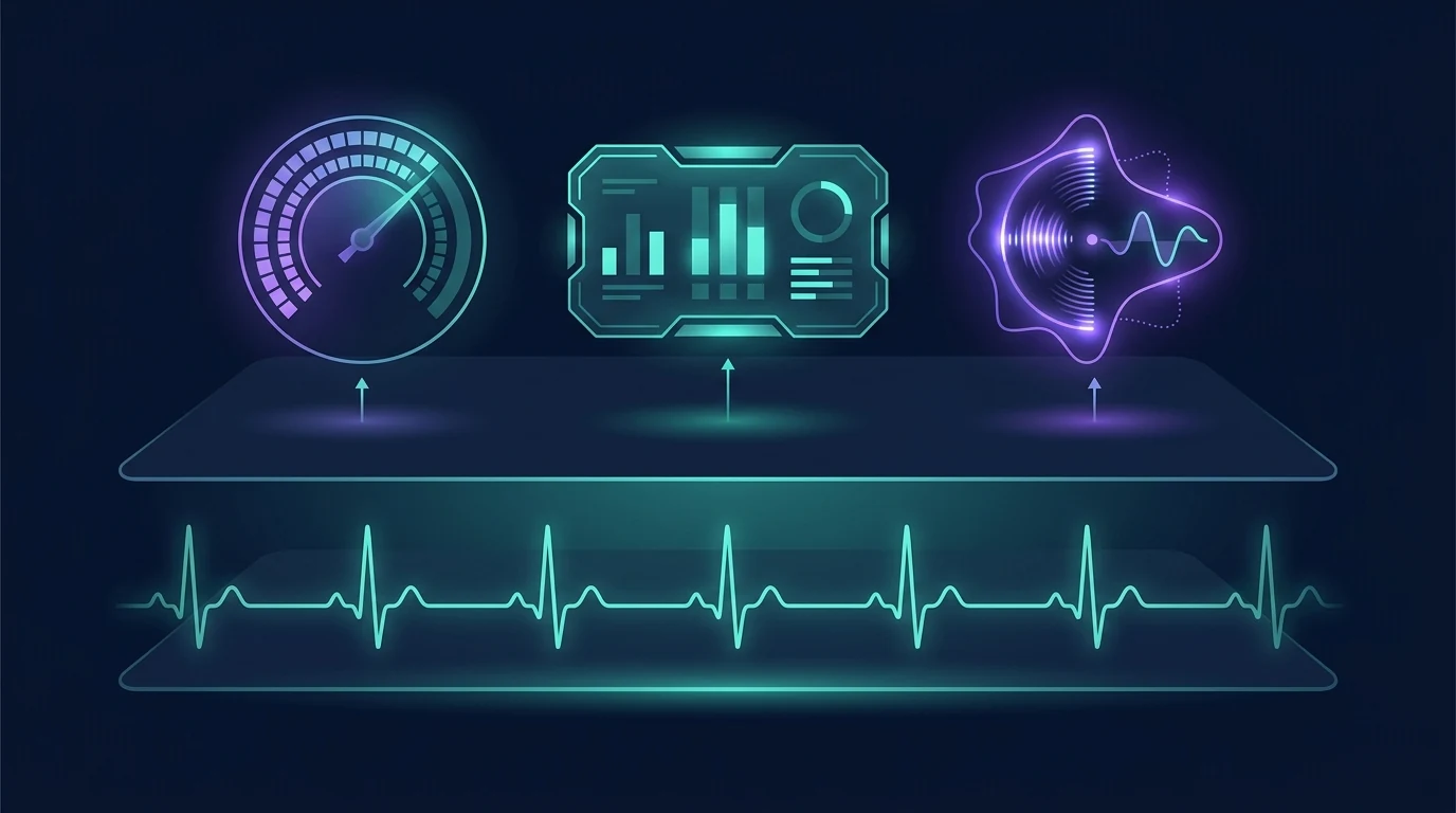 Concept illustration of two stacked layers: a bottom layer showing raw heart rate and HRV signals that are consistent across devices, and a top layer showing proprietary recovery algorithms that transform the same inputs into different scores