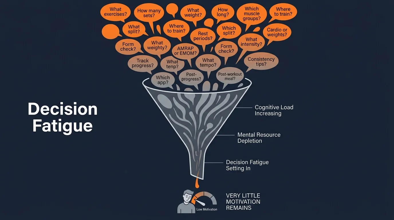 Decision fatigue funnel showing dozens of workout micro-decisions like what exercises, how many sets, what weight draining cognitive resources and leaving minimal motivation