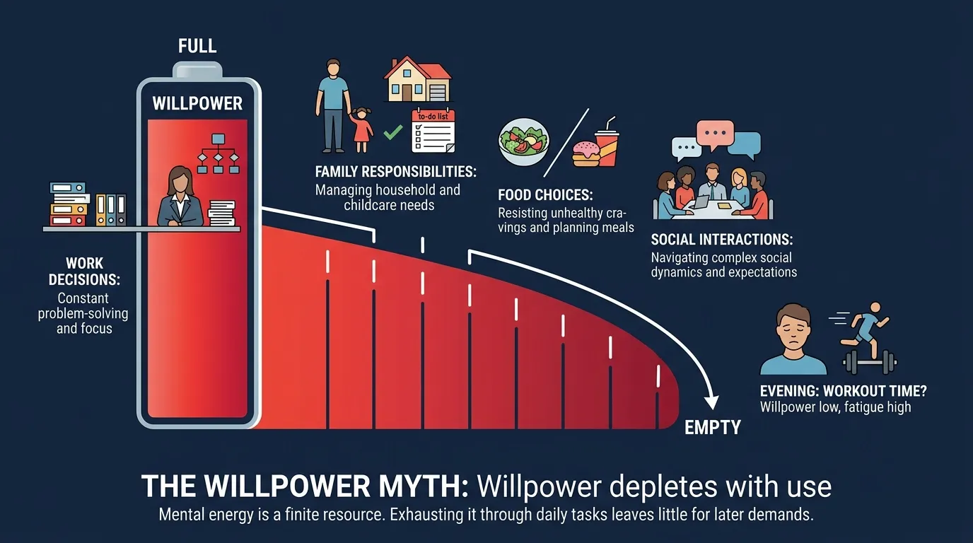 Willpower ego depletion battery showing self-control depleting throughout the day from work decisions, family responsibilities, and food choices leaving almost nothing for evening workouts