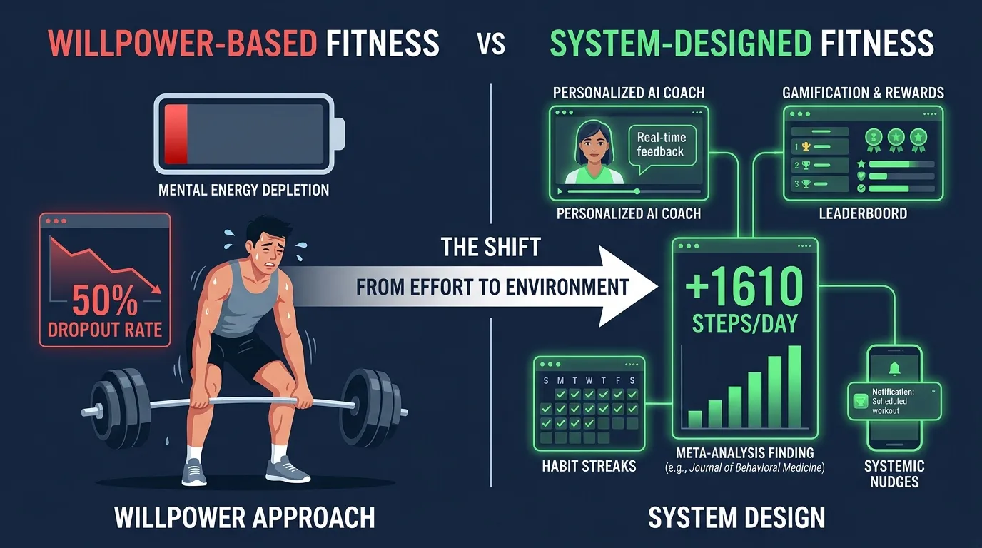 Comparison of willpower-based fitness with 50 percent dropout rate versus system-designed fitness with AI coaching, gamification, and streaks producing 1610 additional daily steps