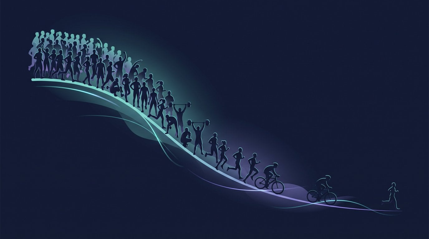 Editorial illustration of a workout adherence drop-off curve showing most new exercisers quitting within the first three months against a dark navy background