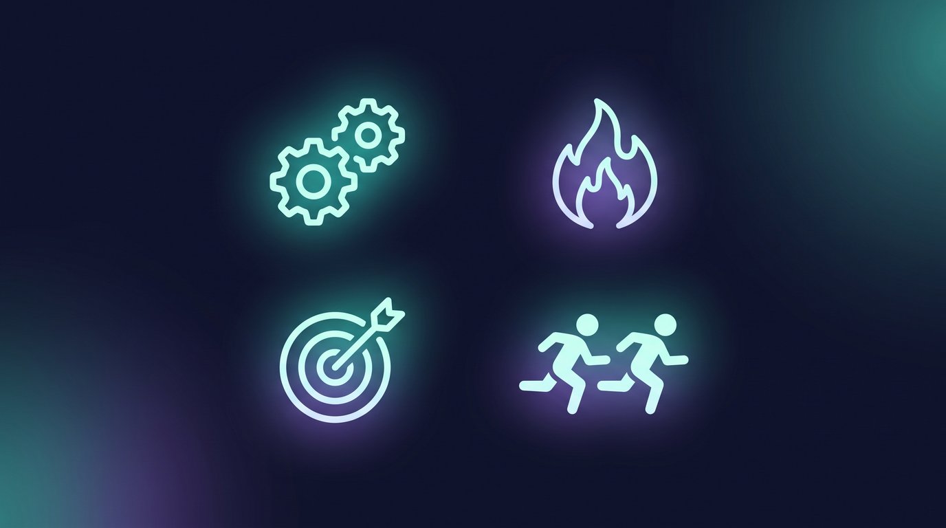 Editorial illustration showing the levers that improve workout adherence including self-chosen goals, friendly competition, streaks, and accountability on a dark navy background