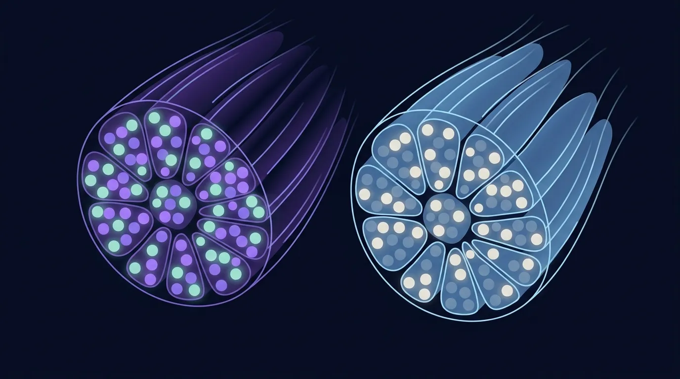 Editorial illustration comparing slow-twitch Type I muscle fibers dense with mitochondria to fast-twitch Type II fibers, with arrows showing zone 2 intensity recruiting Type I