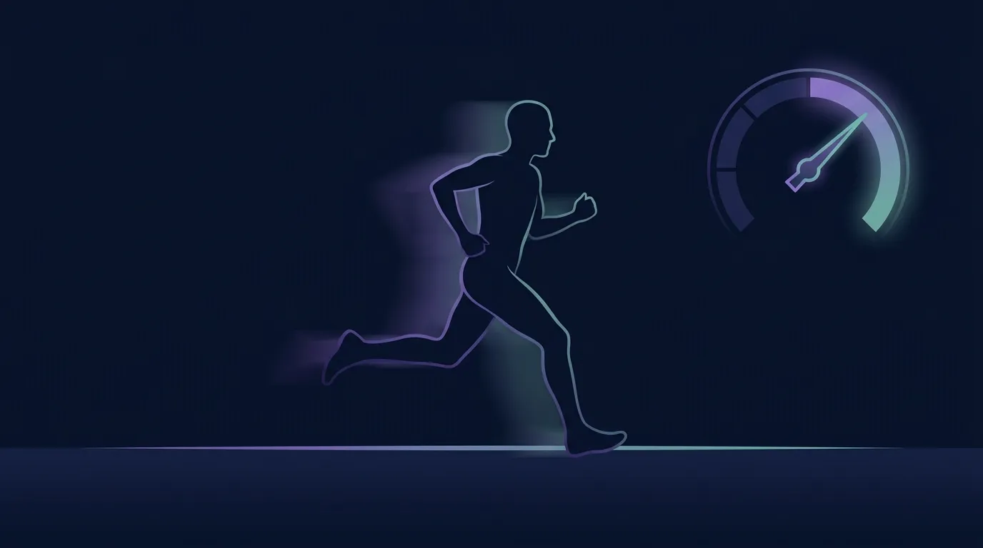Editorial illustration showing a runner moving at conversational pace with a heart-rate dial pointing to 60-70 percent of maximum, representing the zone 2 training intensity